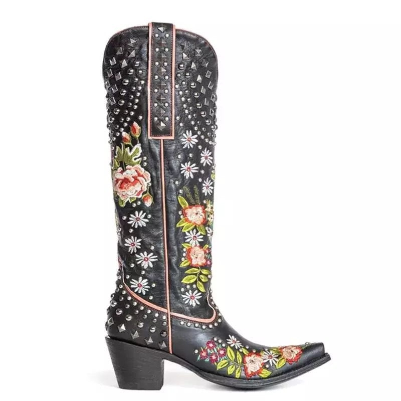 Ortho Welt Floral Studded Orthopedic Pointed Toe Boots
