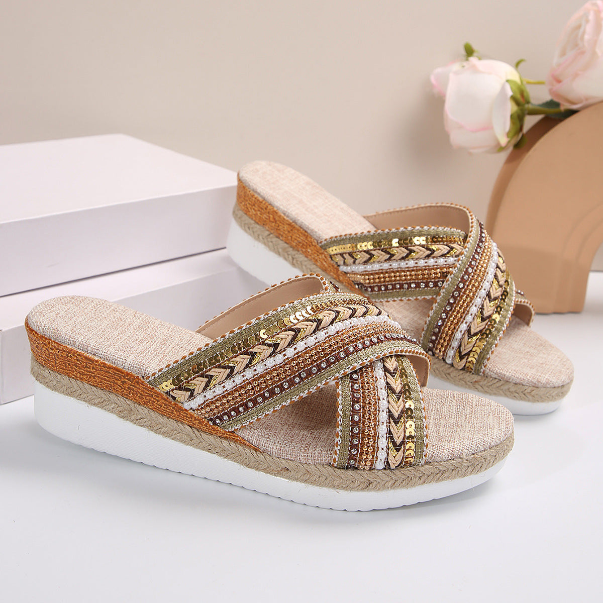 Ortho Welt Ethnic Linen Heeled Sandals - Unique And...