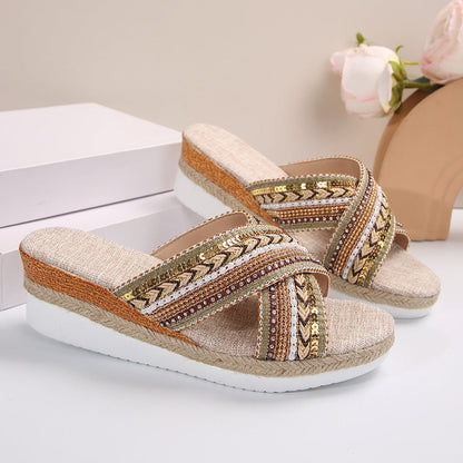 Ortho Welt Ethnic Linen Heeled Sandals - Unique And...
