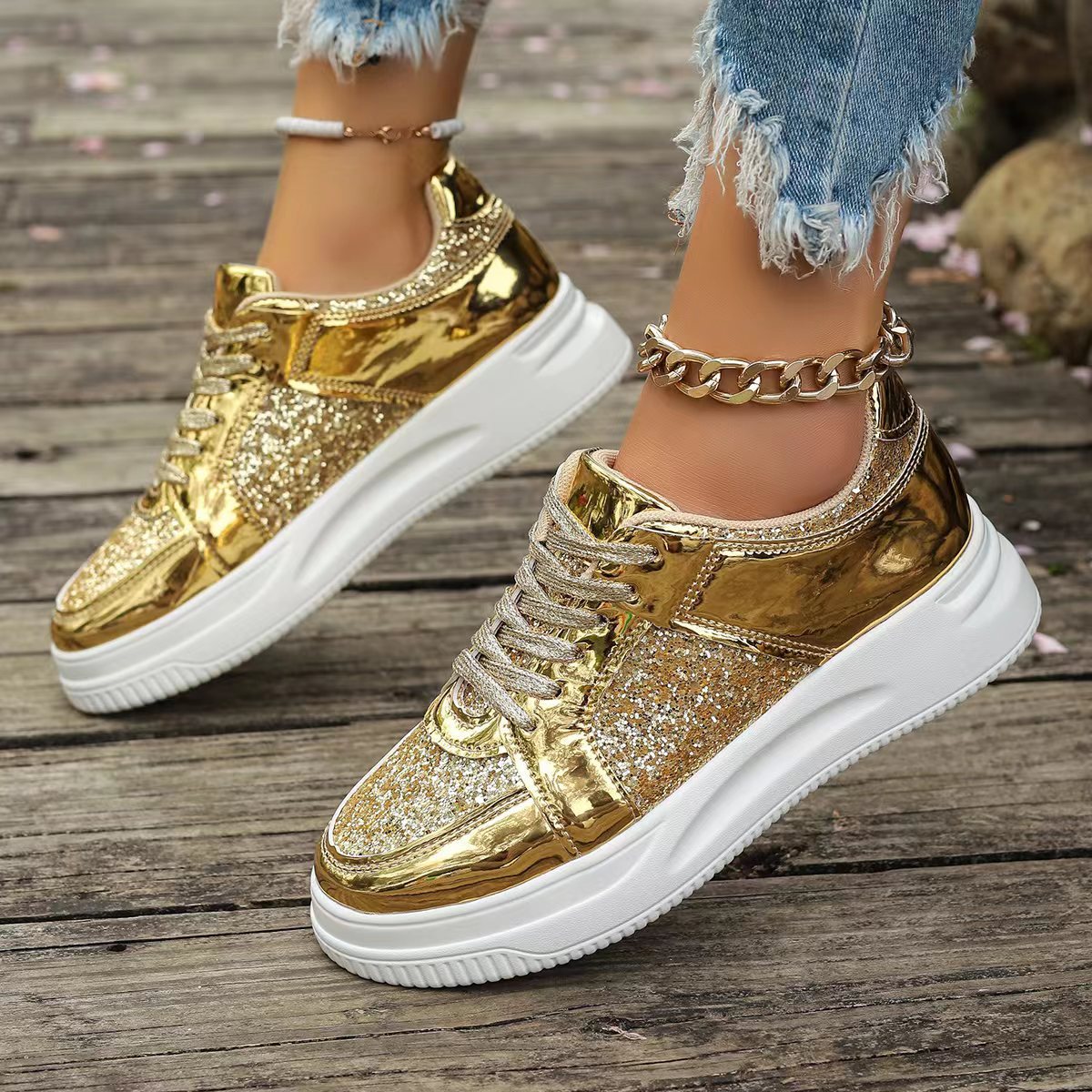 Ortho Welt Unique Sequined Lace-Up Flat Shoes