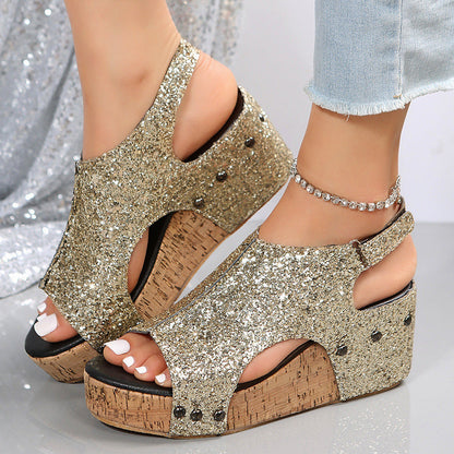 Ortho Welt Summer Chunky Heel Sandals With Sequins And Velcro
