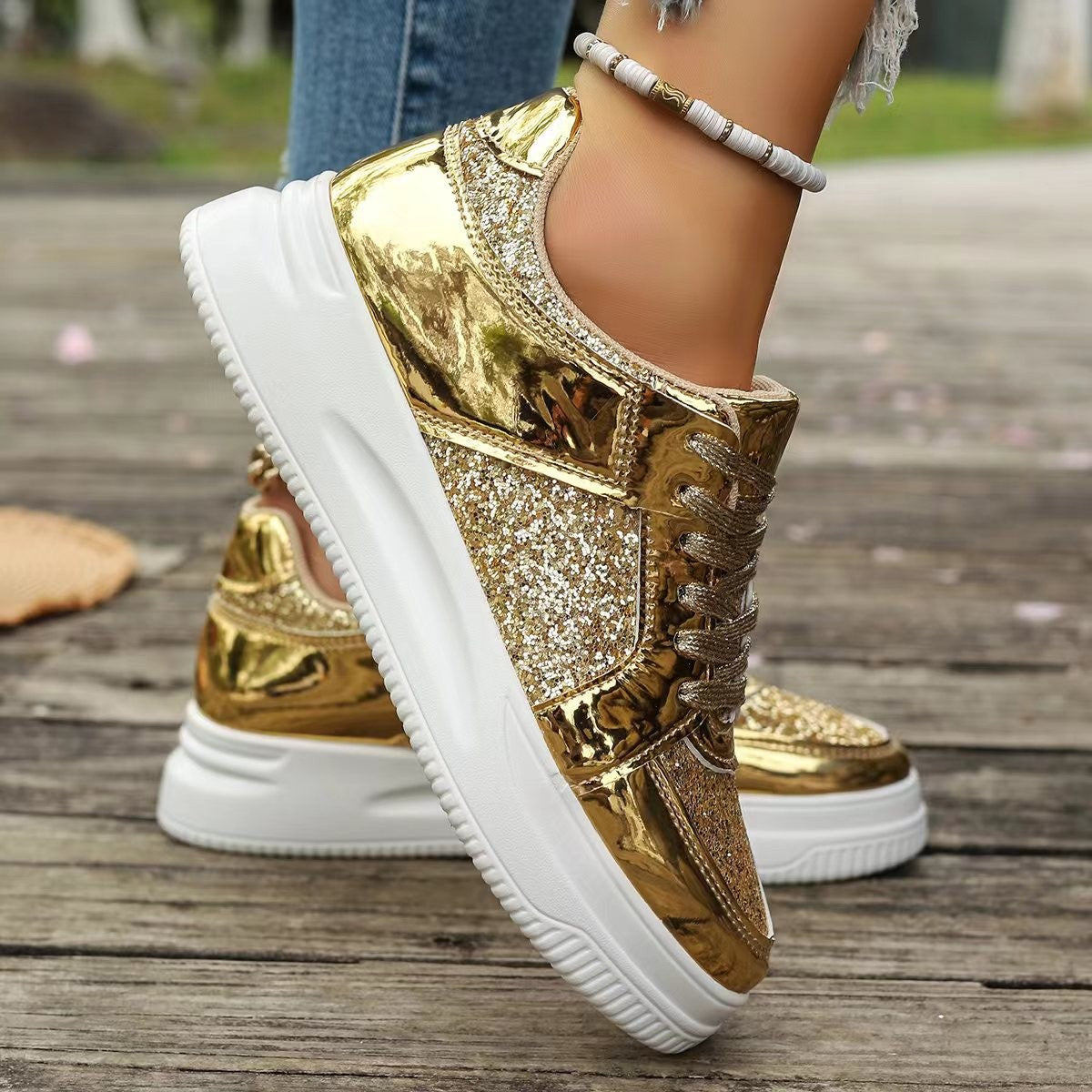 Ortho Welt Unique Sequined Lace-Up Flat Shoes