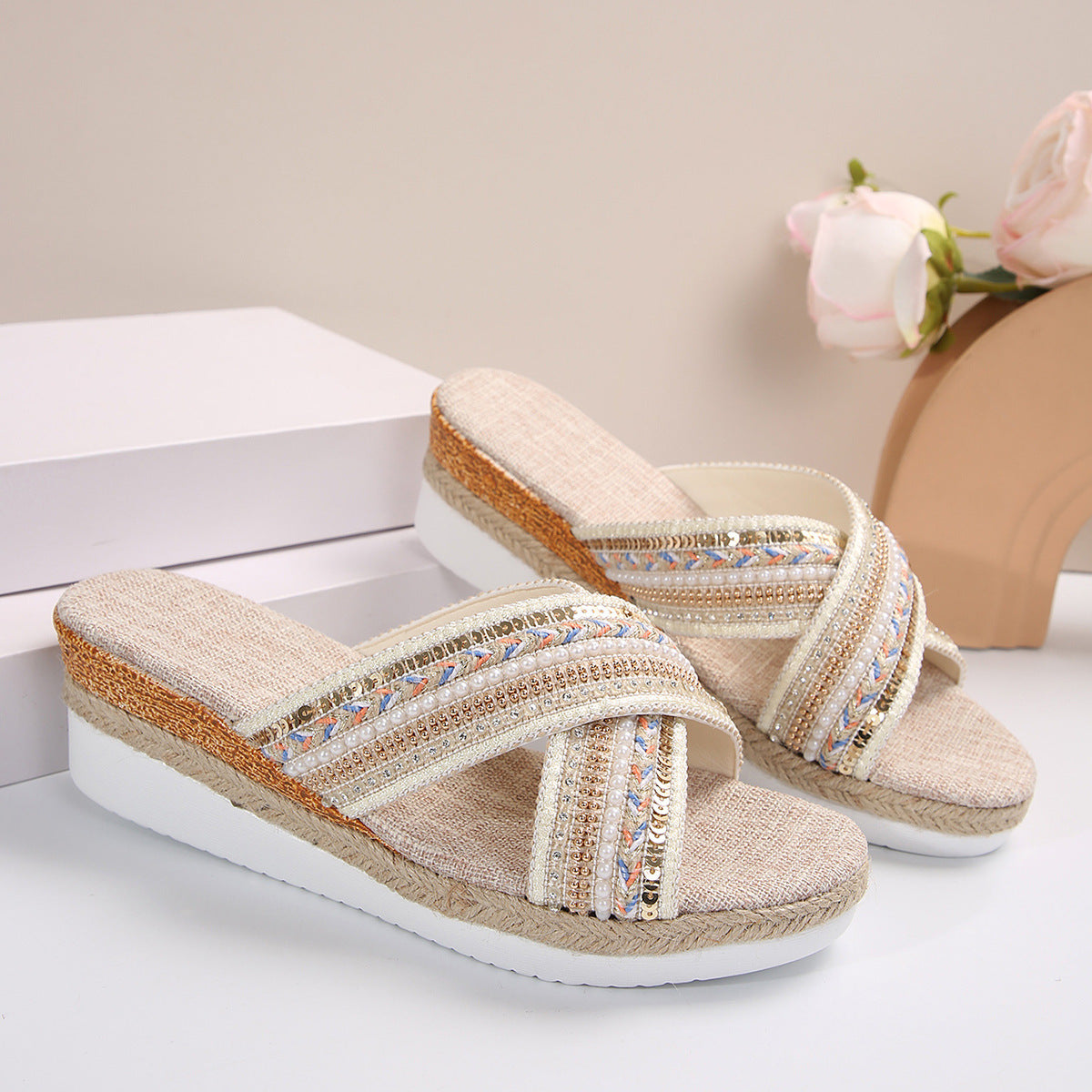Ortho Welt Ethnic Linen Heeled Sandals - Unique And...