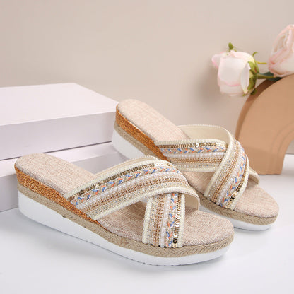 Ortho Welt Ethnic Linen Heeled Sandals - Unique And...