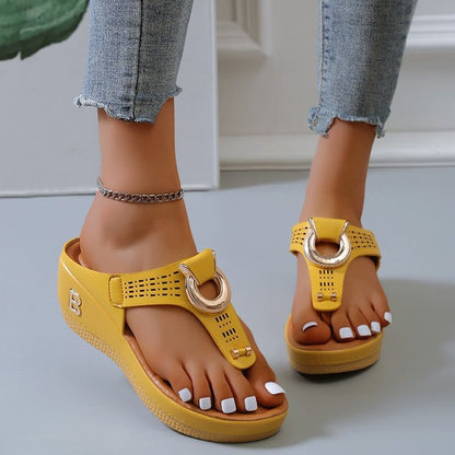 Ortho Welt High Heel Thong Sandals With Metallic Decorations