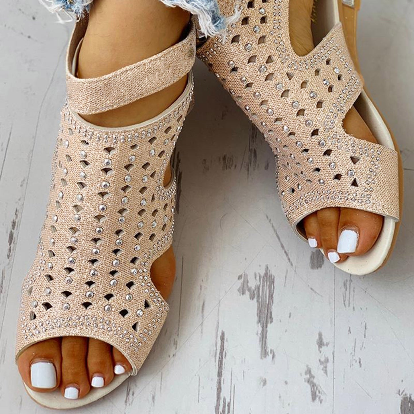 Ortho Welt Summer Rhinestone Sandals With A Unique Back Zip Design