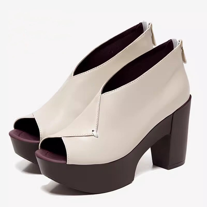 Ortho Welt Damen Orthopedic Leder Blockabsatz Peep-Toe Schuhe