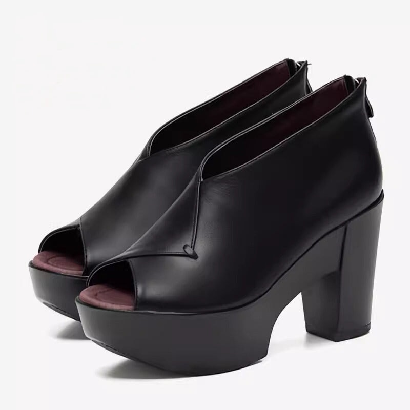 Ortho Welt Damen Orthopedic Leder Blockabsatz Peep-Toe Schuhe