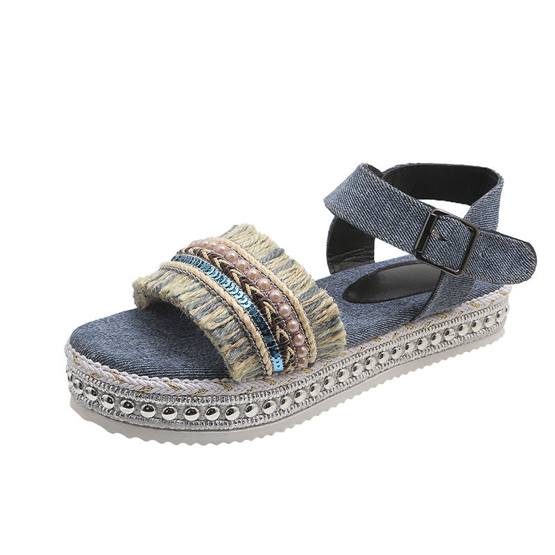 Ortho Welt Denim Sandals With Fringe, Ethnic And Unique Style For Summer
