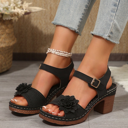 Ortho Welt Floral Chunky Heel Sandals - One Size Fits All