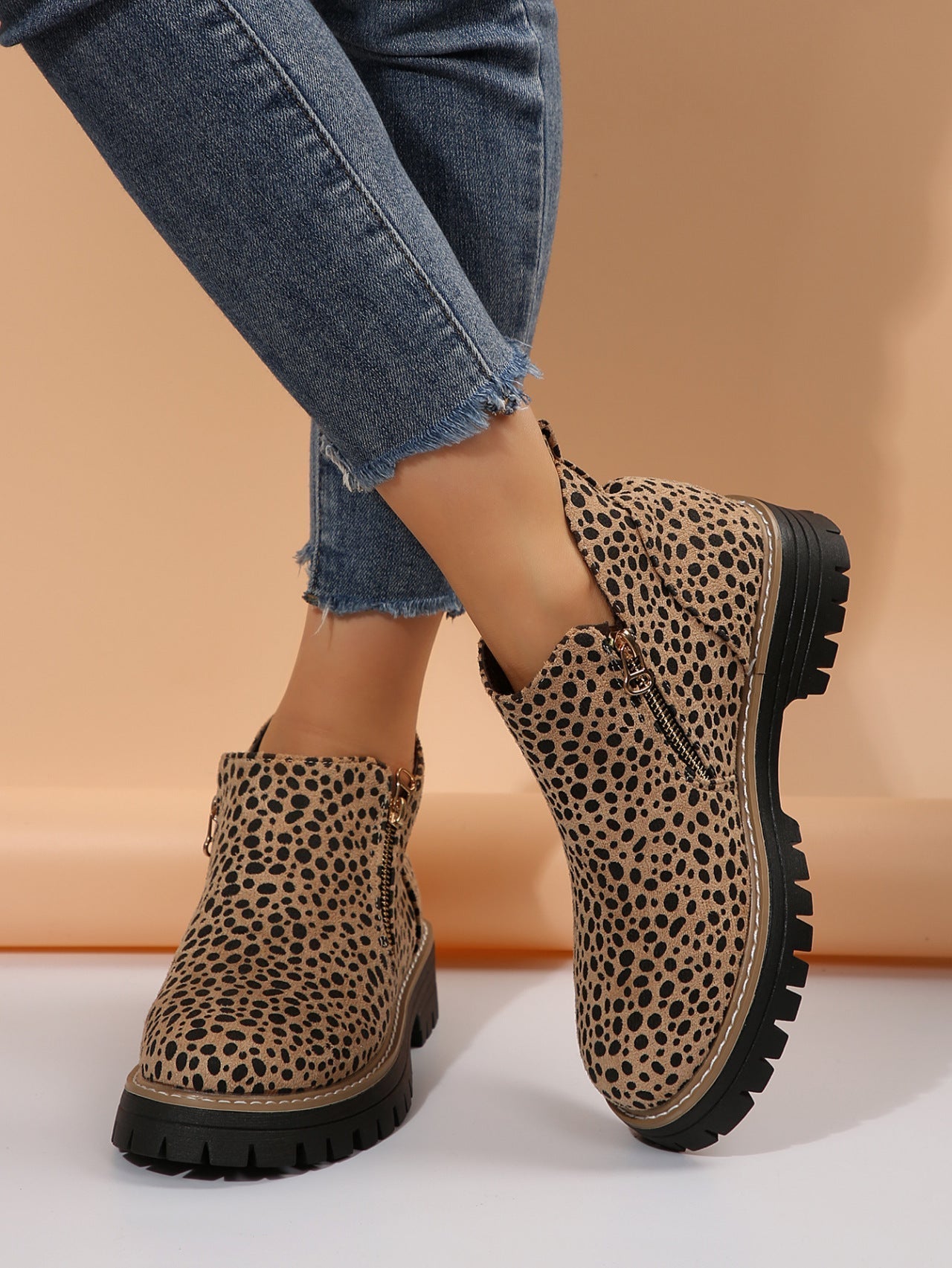 Ortho Welt Leopard Print Low Heel Boots - Unique Elegance