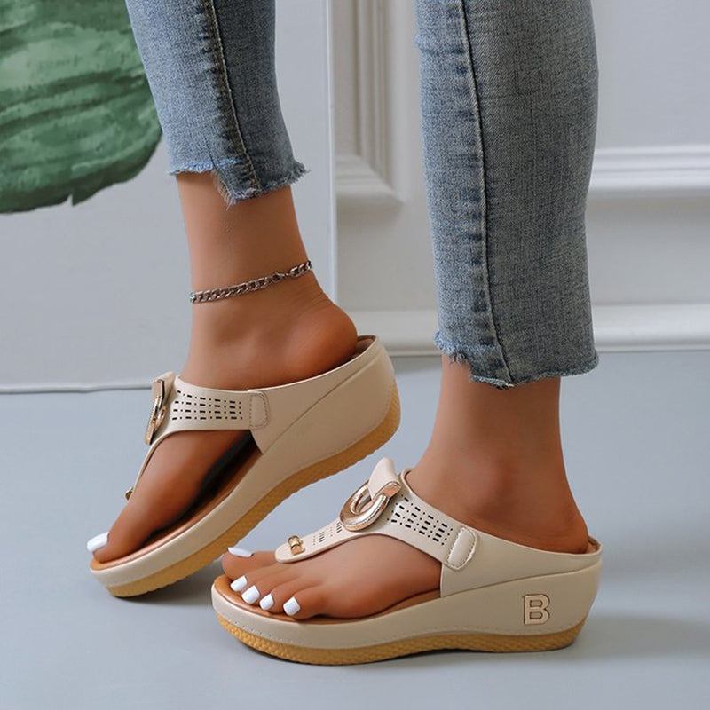 Ortho Welt High Heel Thong Sandals With Metallic Decorations