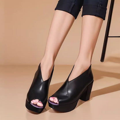 Ortho Welt Damen Orthopedic Leder Blockabsatz Peep-Toe Schuhe