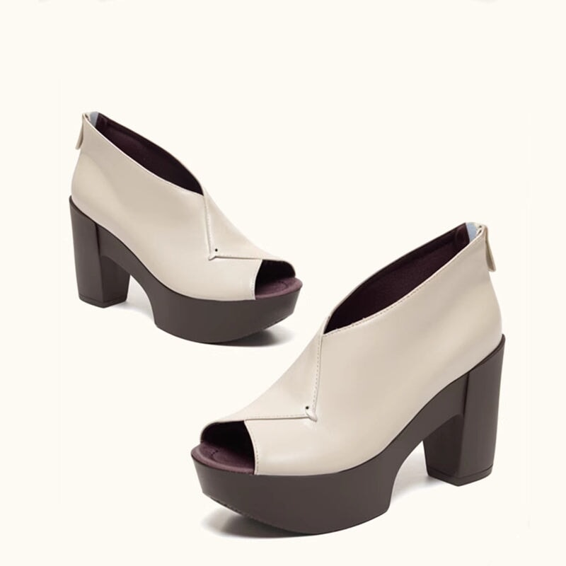 Ortho Welt Damen Orthopedic Leder Blockabsatz Peep-Toe Schuhe